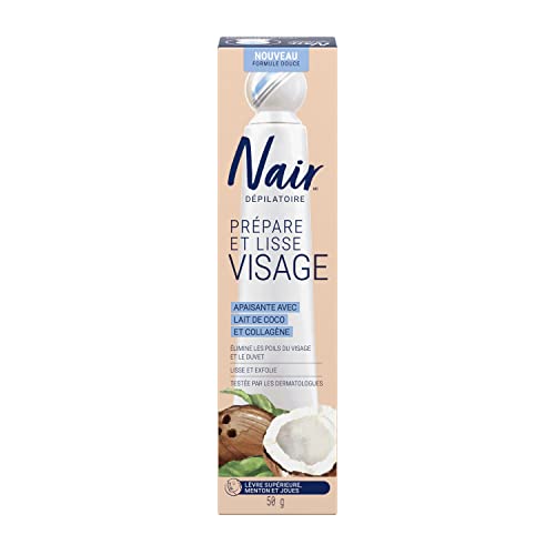 NAIR SENSITIVE FORMULA PREP & SMOOTH FACE HAIR REMOVER, SOOTHING WITH COCONUT MILK & COLLAGEN, REMOVES FACIAL HAIR & FUZZ, SMOOTHS & EXFOLIATES, DERMATOLOGIST TESTED, 1.76 OZ (PACK OF 2)