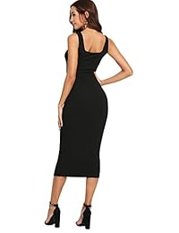 Shein - Vestido sin mangas para mujer, cuello cuadrado con botón frontal, con cintas de punto