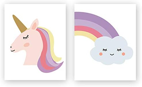 Unframed Cute Unicorn Canvas Art Prints Cartoon Poster， Watercolor Rainbow Shy Cloud Wall Art Painting，Set of 2（8’’x10’’） Excellent Gift for Kids Girls Bedroom Decor