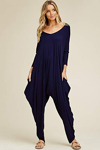 Annabelle Women's Solid Harem Pant Long Sleeve Jumpsuits Navy Small J8002