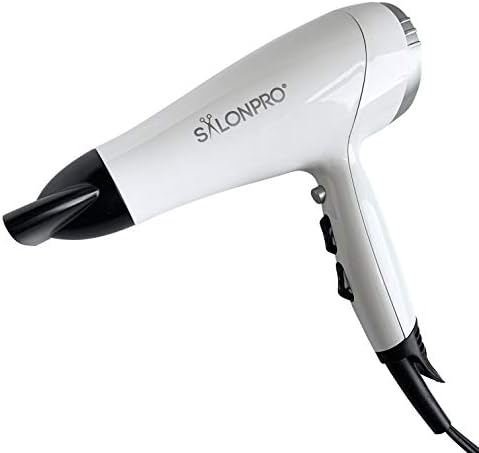 SalonPro 1875 Watt Fast Drying Professional Hair Dryer Ceramic Ionic Stylist Salon Blower Powerful & Lightweight DC Motor with Concentrator Nozzle Cold Shot Blast Glossy White