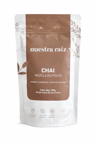 Nuestra Raíz | Chai Latte en polvo ingredientes 100% Naturales y Órgánicos | 100 gr | Sin Azúcar, Sin Lácteos, Sin Saborizantes, Sin Glúten, Sin Conservadores, Sin colorantes | Mezcla de Jengibre Orgánico, Canela de Ceylán Orgánica, Cardamomo, Clavo, Nuez Moscada y Pimienta Orgánica | Hecho en México
