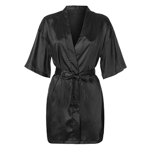 DEATU Womens Dress, Ladies V-Neck Bandage Satin Sleepwear Casual Comfy Solid Half Sleeved Mini Dress(Black ,L) - Thumbnail 5