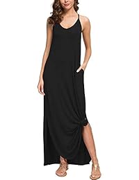 LOMON Vestido de verano para dama, informal, holgado, cuello en V, sin mangas, para la playa, con bolsillo, largo