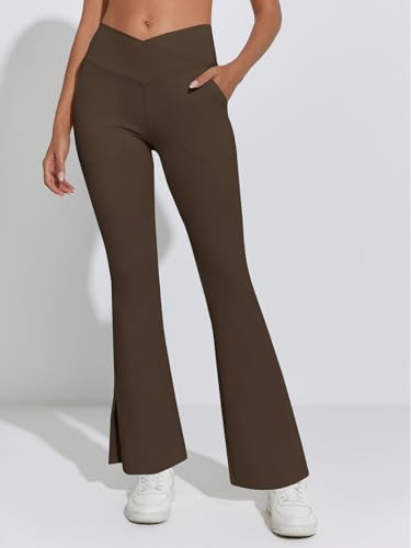 YWYXHZHA WOMEN’S CASUAL CROSSOVER WAIST FLAIR LEGGINGS FLARED BELL BOTTOM LEGGINGS WITH POCKET (BROWN, XX-LARGE)