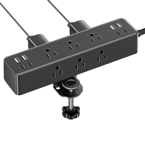 Flat Plug Desk Clamp Power Strip 5FT, 24W Total Charging Station, Desk Edge Mount Power Strip 9 AC Outlets 8 USB Ports Surge Protector, Fit 1.7" Tabletop Edge, Home Office Accessories