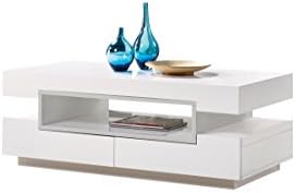 MMT White Gloss Tiffany Coffee Table with LED RGB Lights Remote Control - Storage Drawers Bookshelf- Large Rectangle Table-Modern Living Room Furniture-Storage Unit
