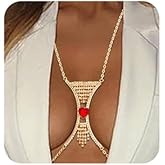 Xerling Red Heart Crystal Rhinestones Fringe Tassels Bra Chain Sexy Women Body Chains Bling Body Jewelry for Party Costume Bikini Summer Body Chains (Red Gold)