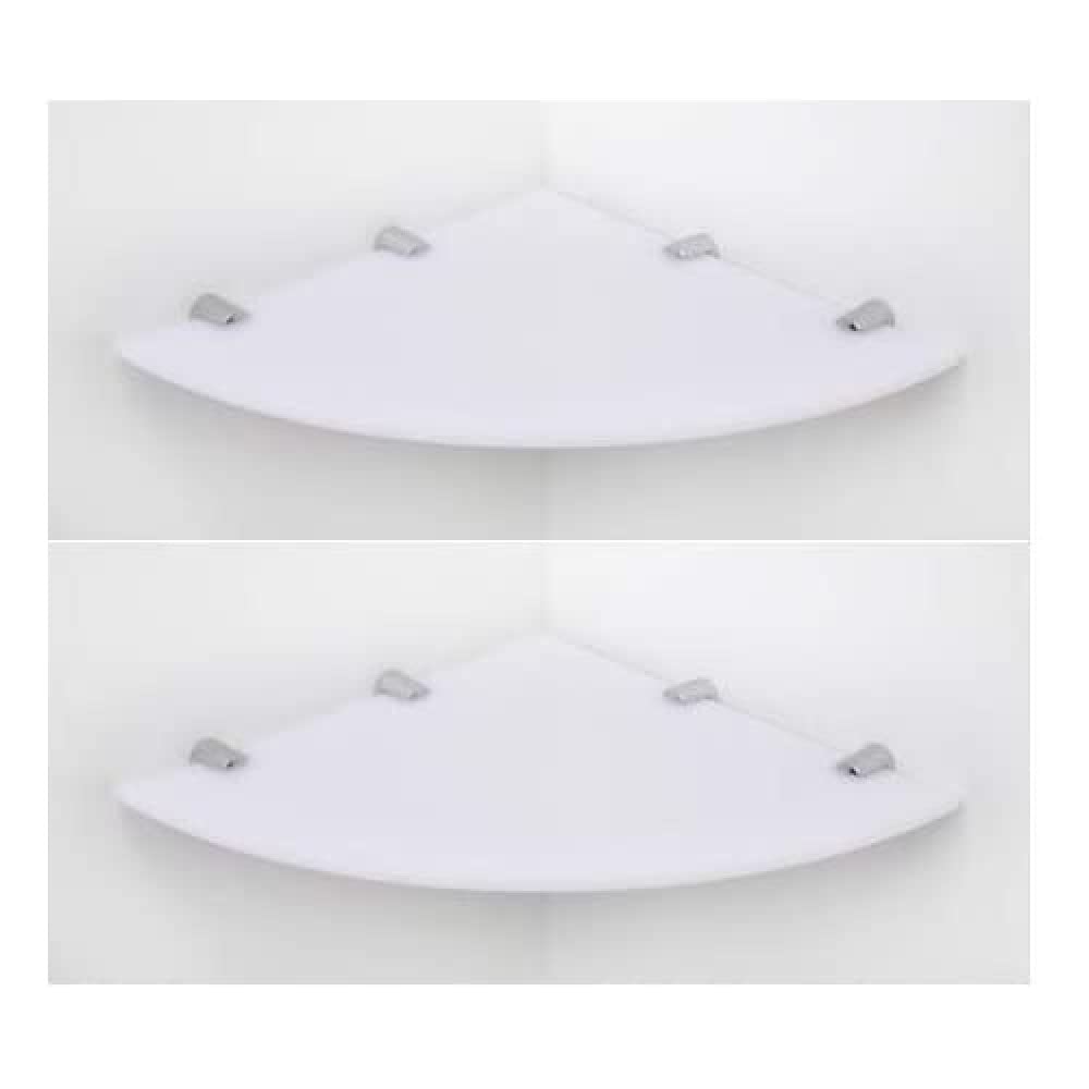 BSM Marketing SET OF 2 Wall Mounted Floating Acrylic Corner Shelves with Chrome Supports available in Clear, Black and White (White, 300mm x 2)