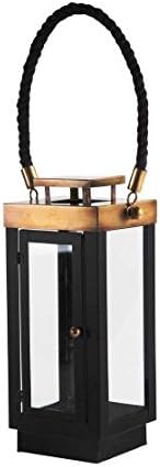 Home Essentials 10" H Black Metal Lantern W/Brass Trim & Rope Handle