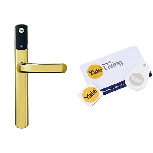 Yale Conexis L1 Smart Keyless Door Handle for Home Security, Remote Lock/Unlock, App Control, Gold Finish [BSI Approved] + Add-on Phone Tag, White Key Card & Key Tag Accessory Bundle