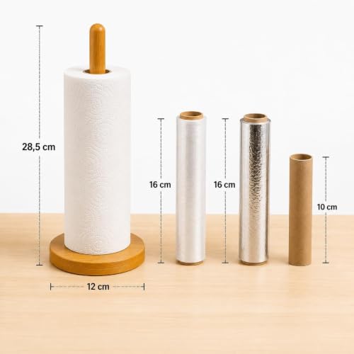Porta Papel Toalha de Bambu Natural 29 cm Vertical para Cozinha Suporte para Rolo de Papel Toalha Papel Alumínio e Filme PVC Resistente e Multiuso
