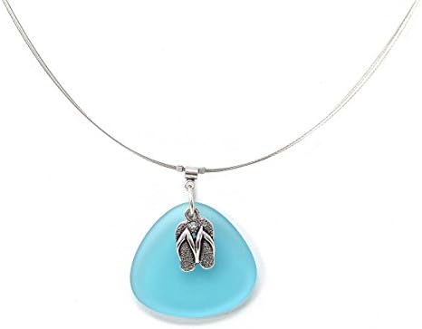 Solares Silvertone Aqua blue Sea Glass Style Flip Flops Charm Necklace