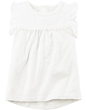 Girl Ruffle Sleeve Floral Trim Top With Keyhole Back Opening; White