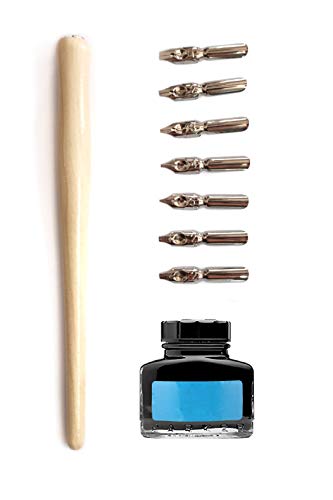 Definite Art Calligraphy Wooden Dip Pen Set of 1 Handle & 7 Nib (T1, T2, T3, T4,T5 Traditional, N2 Right Oblique, Z2 Left Oblique) (With Blue Ink Pot 30 ML) Definite Art Calligraphy Wooden Dip Pen Set of 1 Handle & 7 Nib (T1, T2, T3, T4,T5 Traditional, N2 Right Oblique, Z2 Left Oblique) (With Blue Ink Pot 30 ML)