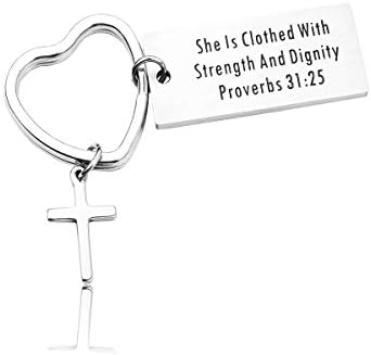 Cross Bracelet Christian Gifts Religious Cuff Bangle Key Chain She is Clothed with Strength and Dignity