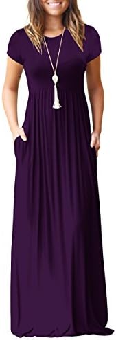 Women Short Sleeve Plain Loose Long Maxi Casual Dress with Pocket