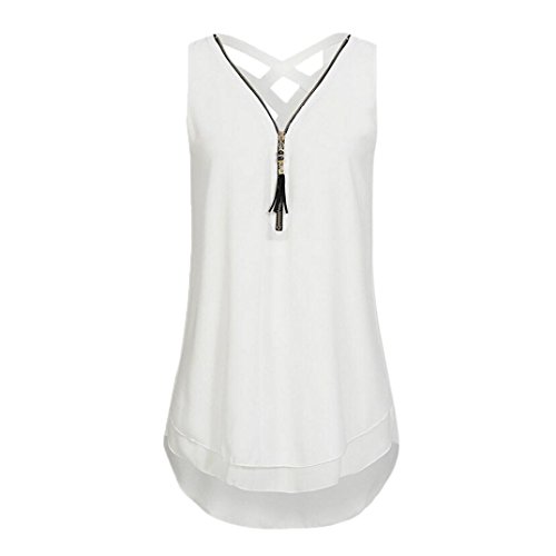 FEITONG 10 Colours Women Loose Plus Size Sleeveless Tank Top Cross Back Hem Layed Zipper V-Neck T Shirts Tops, S-5XL(XXX-Large,White)