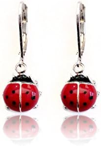 Miniature Silver Ladybug Leverback Earrings with Red and Black Enamel