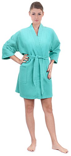 Women's Knee Length Waffle Weave Kimono Bathrobe (One Size, Light Turquoise)