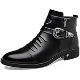 DONRRNDK Men's Leather Embossed Pattern Ankle Boots with Buckle Strap Retro Round Toe Side Zipper Non Slip Block Low Heel Dress Booties for Formal Casual Wear Short Boots