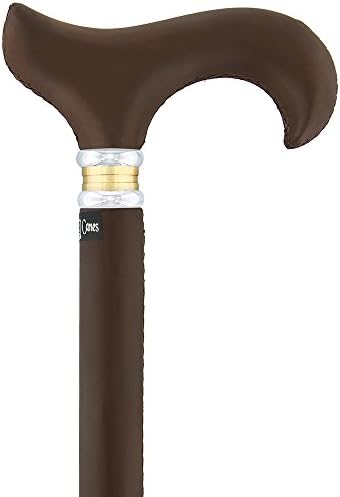 Brown Leather Wrapped Derby Walking Cane with Leather Shaft and Two Tone Collar