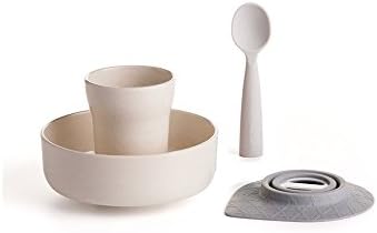 Miniware Sip & Snack Set with Cereal Bowl, Drinking Cup, Teething Spoon, and Suction Foot for Baby Toddler Kids - Promotes Self Feeding | Eco-Friendly and BPA Free | Dishwasher Safe (Bamboo & Gray)