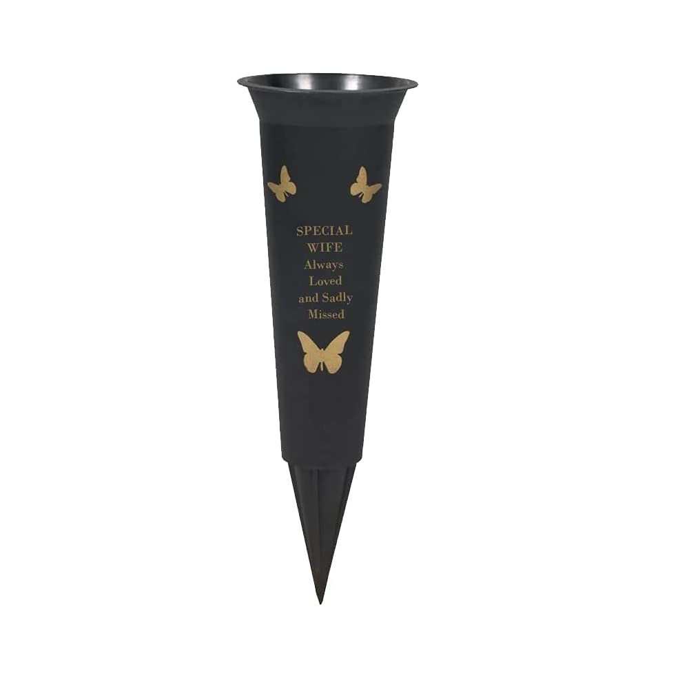 PHG Limited Edition Graveside Flower Vase with Personalised Verse | Unique Grave Side Flower Pot | Memorial Gift for Loved One | Durable Plastic Flower Holder | 33 x 11 (Wife Black)