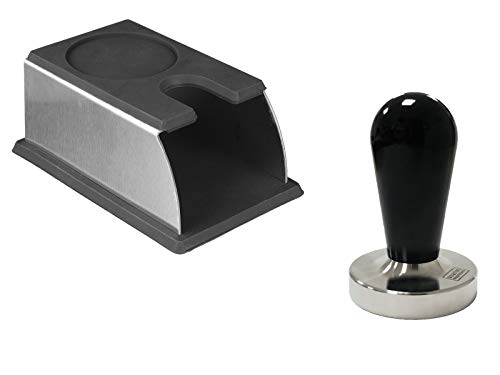 scarlet espresso | Tamperstation »Professionale« aus Edelstahl mit Tampermatte aus lebensmittelechtem Silikon zur Ablage des Tamper nach dem Tamping (Set: Station schwarz + 49 mm Tamper)