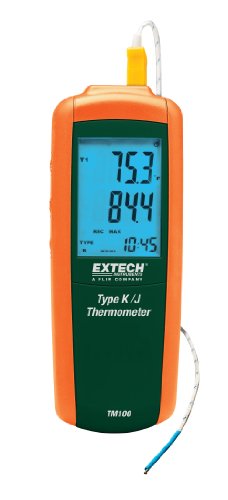 Extech TM100 Type K/J Digital Thermometer - Wide Range -328 °F to 2501 °F, Back…