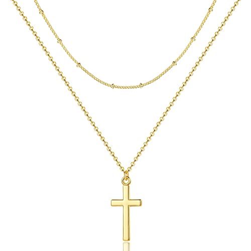 GLOQUAT Dainty Gold Cross Necklaces for Women 14K Gold Plated Satellite Bead Chain Layered Necklace Set Cross Pendant Necklace Simple Minimalist Dainty Necklace for Women Men