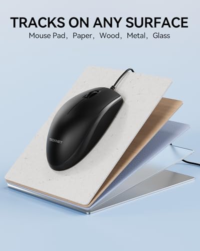 TECKNET Wired Mouse, Mice Wired Optical USB-A Computer Silent Mouse With DPI Tracking, Gaming Grade Sensor, 3 Buttons, Business Office Mouse PC/Laptop, Corded Mouse for Graphic Design (Black, Medium)