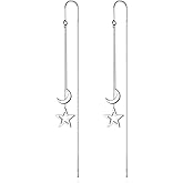 Reffeer Solid 925 Sterling Silver Moon Star Threader Dangle Earrings Chain for Women Teens Long Dangle Earrings Tassel Chain