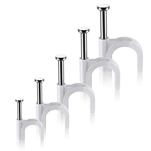 Round Cable Clips, 500Pcs 4,6,7,8,10MM Electrical Cable Wall Clip - Nail Clips Cable Management, Steel Nails Tacks Holder for Organizing Electric Wires Cables Line TV (White)