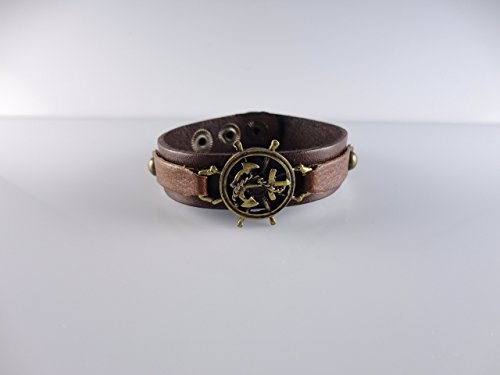Brown Genuine Leather Comfortable Bracelet with Ship Helm Rudder and Anchor Medallion, Fits 6.5"-8.0" Wrist by Handmade Studio HS3470B