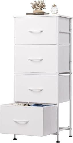 Storage Cabinet for Bedroom, Dresser with 4 Drawers, Fabric Clothes Storage Organizer Unit, Dresser for Hallway, Entryway, Closets, Sturdy Steel Frame, Wood Top, Easy Pull Handle (White)