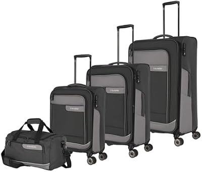 Juego de Maletas de 4 Ruedas Soft Shell Fabricado con Material Reciclado, Tallas L/M/S + Bolsa de Viaje, Serie VIIA: Juego de Trolley con de Mano en tamaño de Cabina IATA
