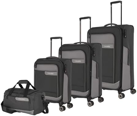 Set de valises 4 roues coque souple en matériau recyclé, tailles L/M/S + sac de voyage, VIIA : Set de trolley avec bagage à main aux dimensions IATA pour les bagages à bord