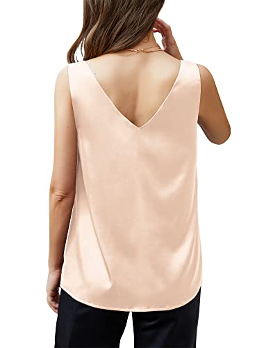 HWOKEFEIYU SLEEVELESS TANK TOPS FOR WOMEN SATIN SUMMER CAMISOLE TOPS V NECK SLEEVELESS TANKS LOOSE FIT SHIRT(APRICOT,MEDIUM)