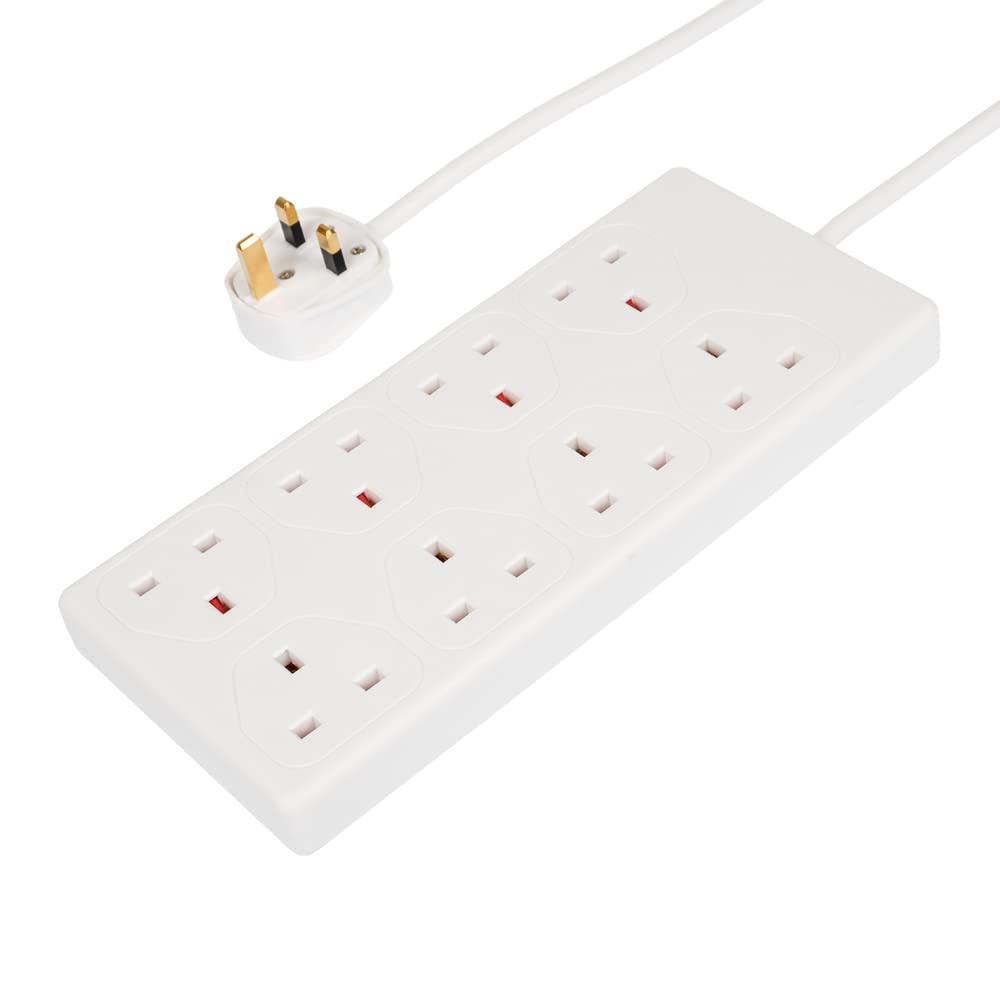 Invero® 8 Way Gang Power Mains Extension Lead 2M Metre Cable British Approved 13A Amps - White