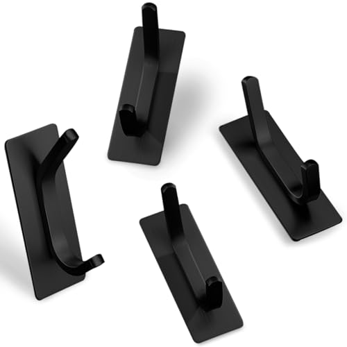 AMROAH 4pcs Stainless Steel Adhesive Hooks Wall Mounted, Heavy Duty Storage Wall Mount Hooks for Hanging Coat Clothes Towels Hat Bags for Home Entryway Bathroom Bedroom Kitchen Living Room (Black)