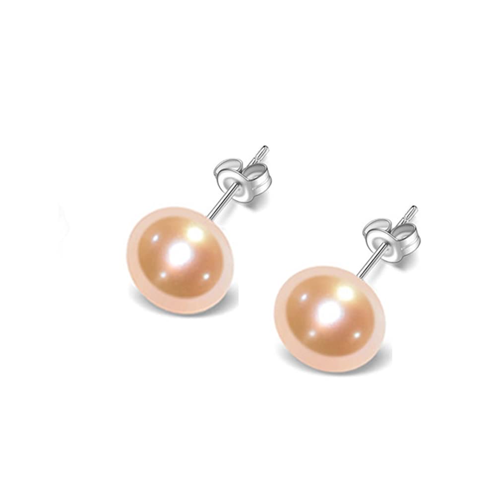 TreasureBay Women's Large Pearl Stud Earrings 8-9mm Freshwater Pearl Stud Earrings With 925 Silver (Pink)