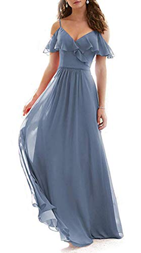 Onlyce A Line Ruffled Cold Shoulder Chiffon Long Bridesmaid Dress Evening Gowns Slate Blue 6