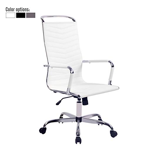 Elecwish Adjustable Office Executive Chair, High Back Tall Ribbed, Pu Leather, Wheels Arm Rest Computer, Chrome Base, Home Furniture, Conference Room Reception White