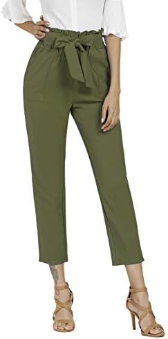 Aprance Paper Bag Pants for Women Casual Trouser Elastic High Waist with Pockets