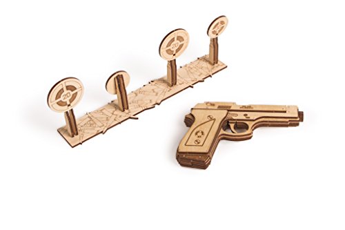 Wood Trick 3D Mechanical Model Kit Gun Pistol Rubber Band With Targets Wooden Puzzle, Assembly Constructor Brain Teaser DIY Toy IQ Game