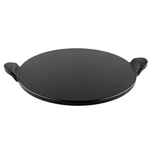 waykea 13â€ Ceramic Glazed Pizza Stone for Oven Grill or BBQ | Premium Bread Baking Stone Cordierite Pizza Grilling Stone, Black, Round with Handles