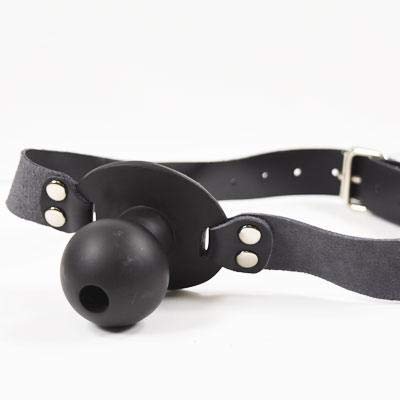 Fetish Pleasure Play Leather Knob Gag – Small Ball with Center Hole for Comfortable Use (Black)