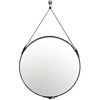Round Hanging Wall Mirror Circle Mirror with PU Leather Strap Silver and Frame with Hardware Hanger/Hook for Entryway Bathroom Living Room (Black-24Inch)
