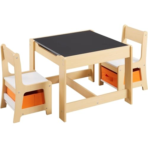 AM ANNA Kids Table and Chair Set, 3 in 1 Wooden Activity Table with Storage Drawer for Toddlers Drawing, Playroom,Reading, Crafts, 2 in 1 Detachable Tabletop Table Set for Nursery, Playroom (Beige)
